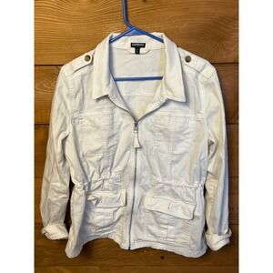 EXPRESS White Utility Jacket Drawstring Waist Pockets Zip Front Lg Boho Cottage